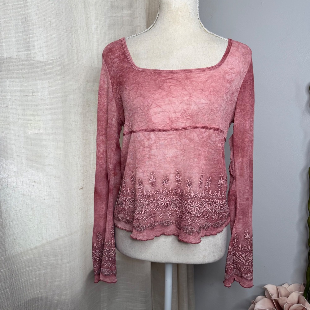 Y2K FANG Long Sleeve Mesh Top Glitter Floral Tie Dye Pink Vintage Women's XL